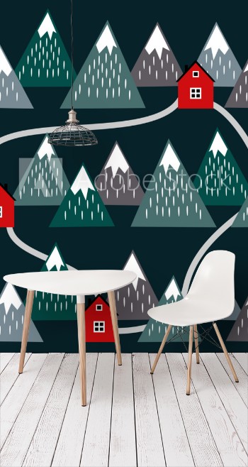 Bild på Cute Icelandic landscape with houses and mountains Seamless pattern with geometric snowy mountains and homes Colorful Iceland nature illustration Vector mountains background